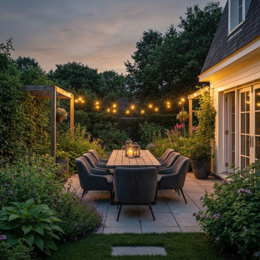 Beautiful outdoor patio setup at twilight with comfortable seating and string lights