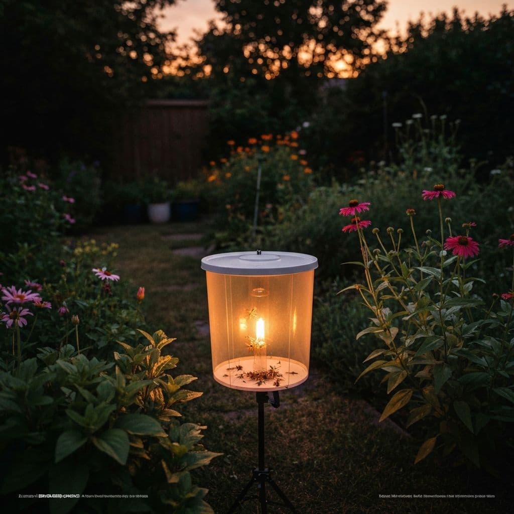 Mosquito trap device capturing insects in a backyard garden at dusk