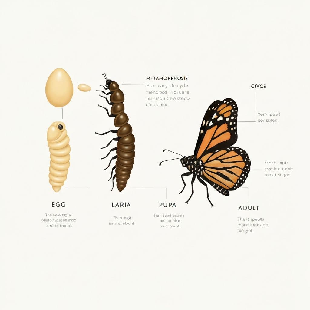 Illustration showing insect metamorphosis stages from egg to adult