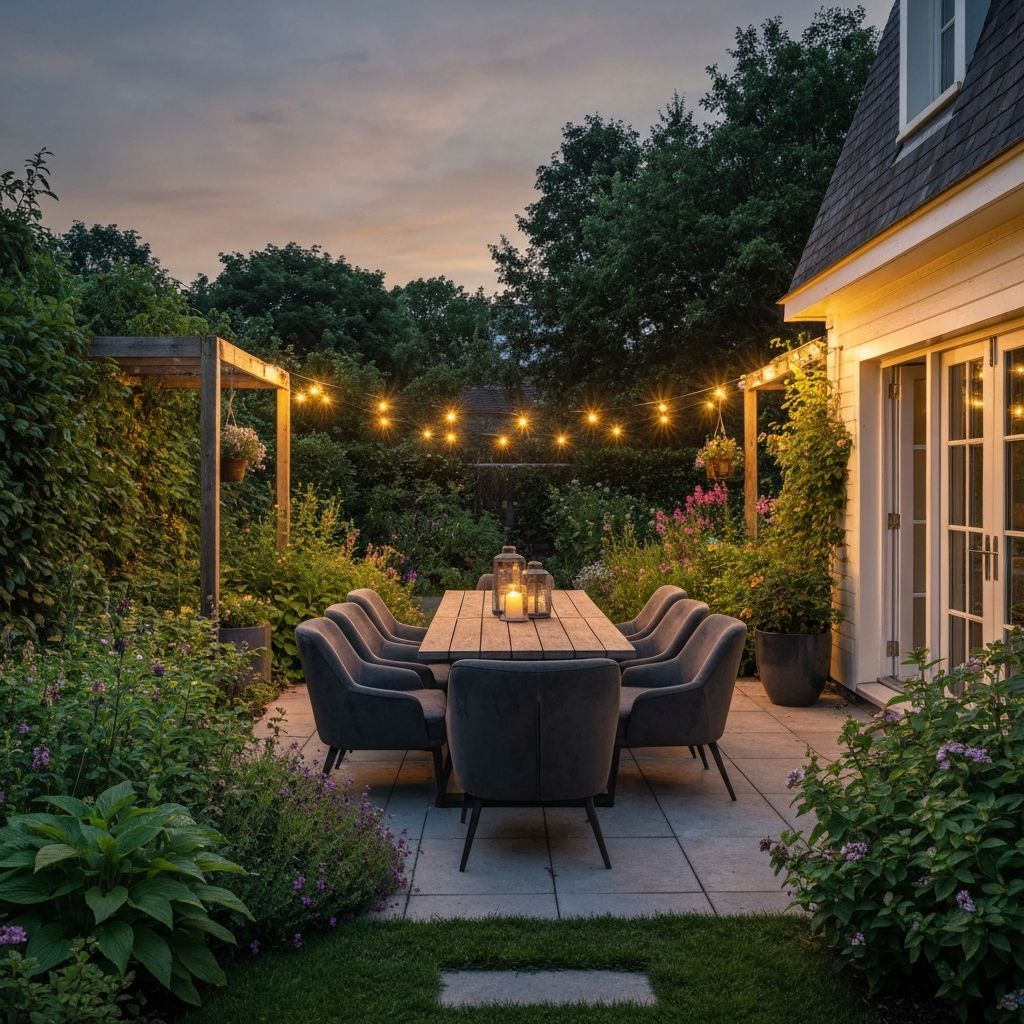 Beautiful outdoor patio setup at twilight with comfortable seating and string lights