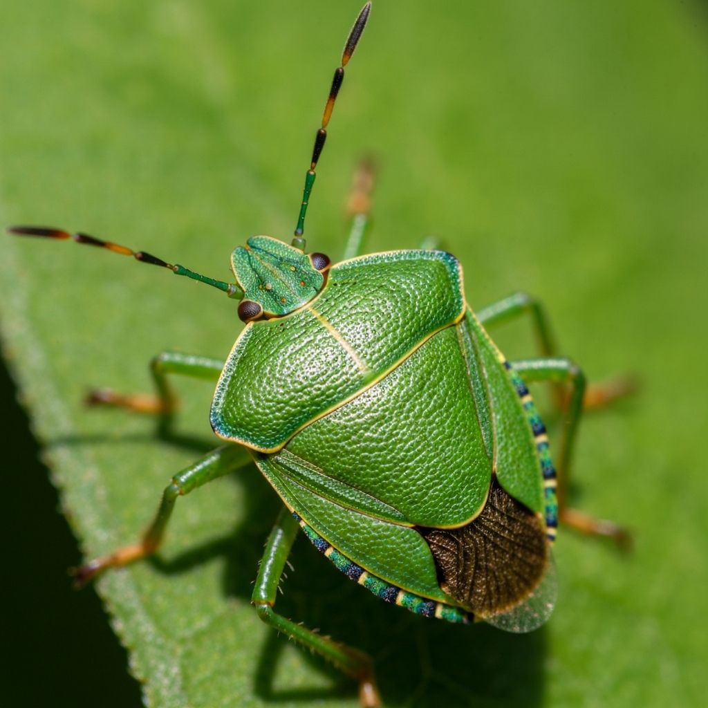 Macro photograph of a green stink bug on a leaf showing shield-shaped body