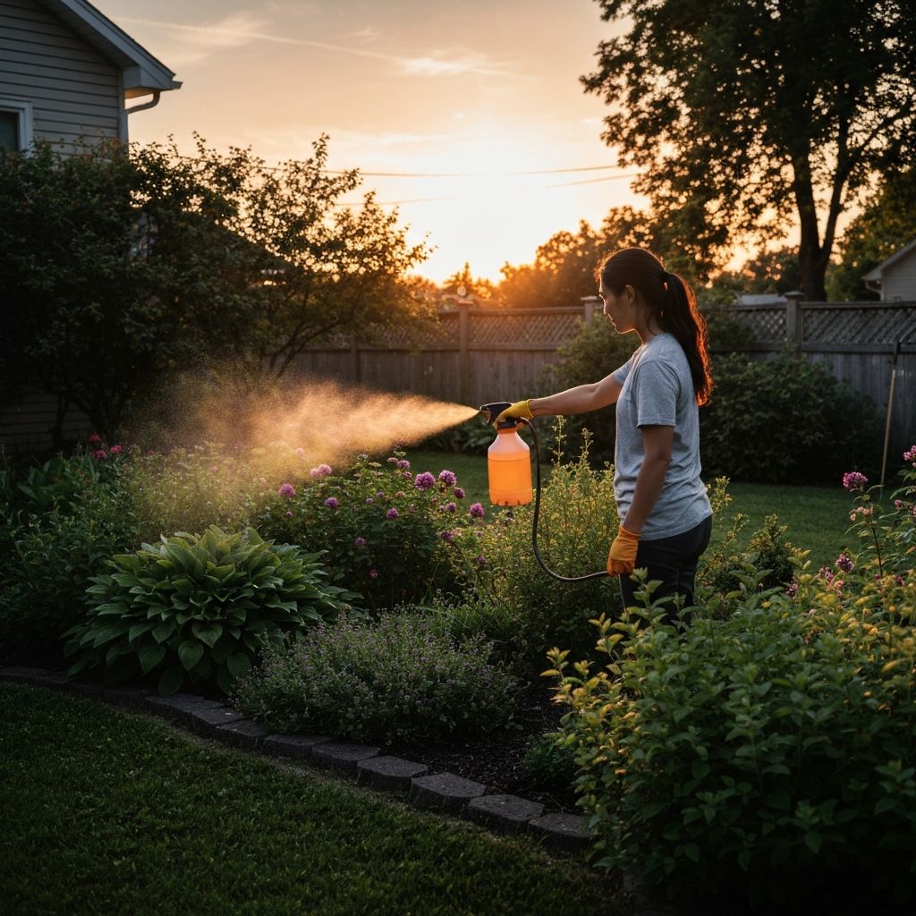 Person treating backyard for mosquitoes at dusk
